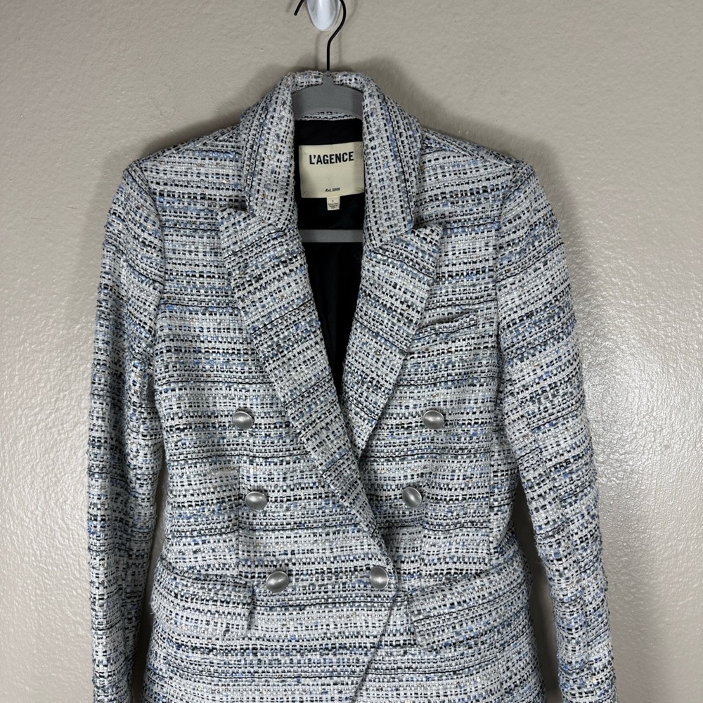 L’AGENCE Kenzie Tweed Double Breasted Blazer Blue Ivory Silver - Picture 6 of 8